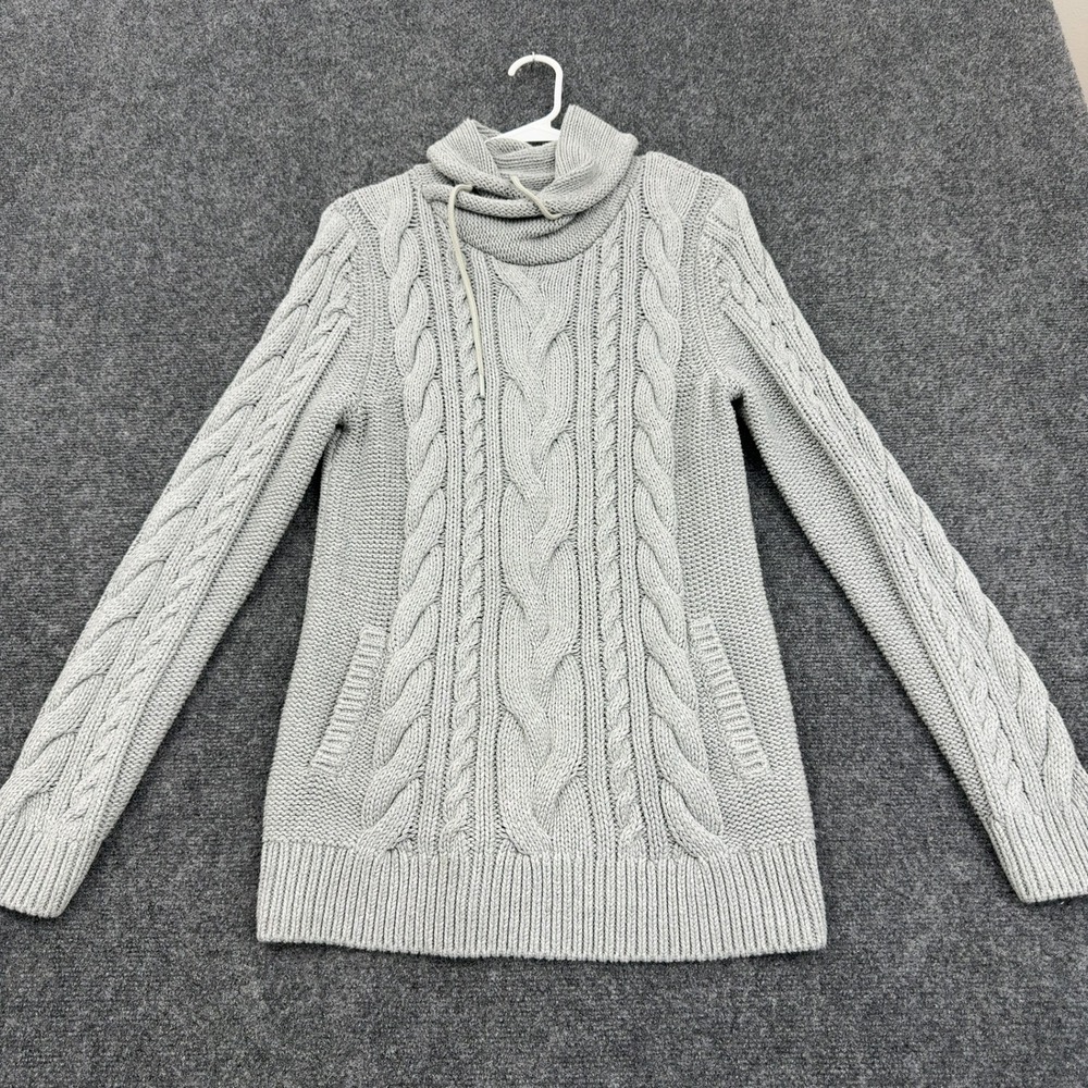 LL Bean Sweater Womens M Grey Cotton Cable Knit Cowl Neck Pockets Casual Classic